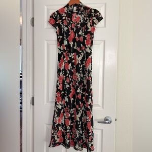 Vintage Black Floral Print Midi Dress with Mandarin Collar